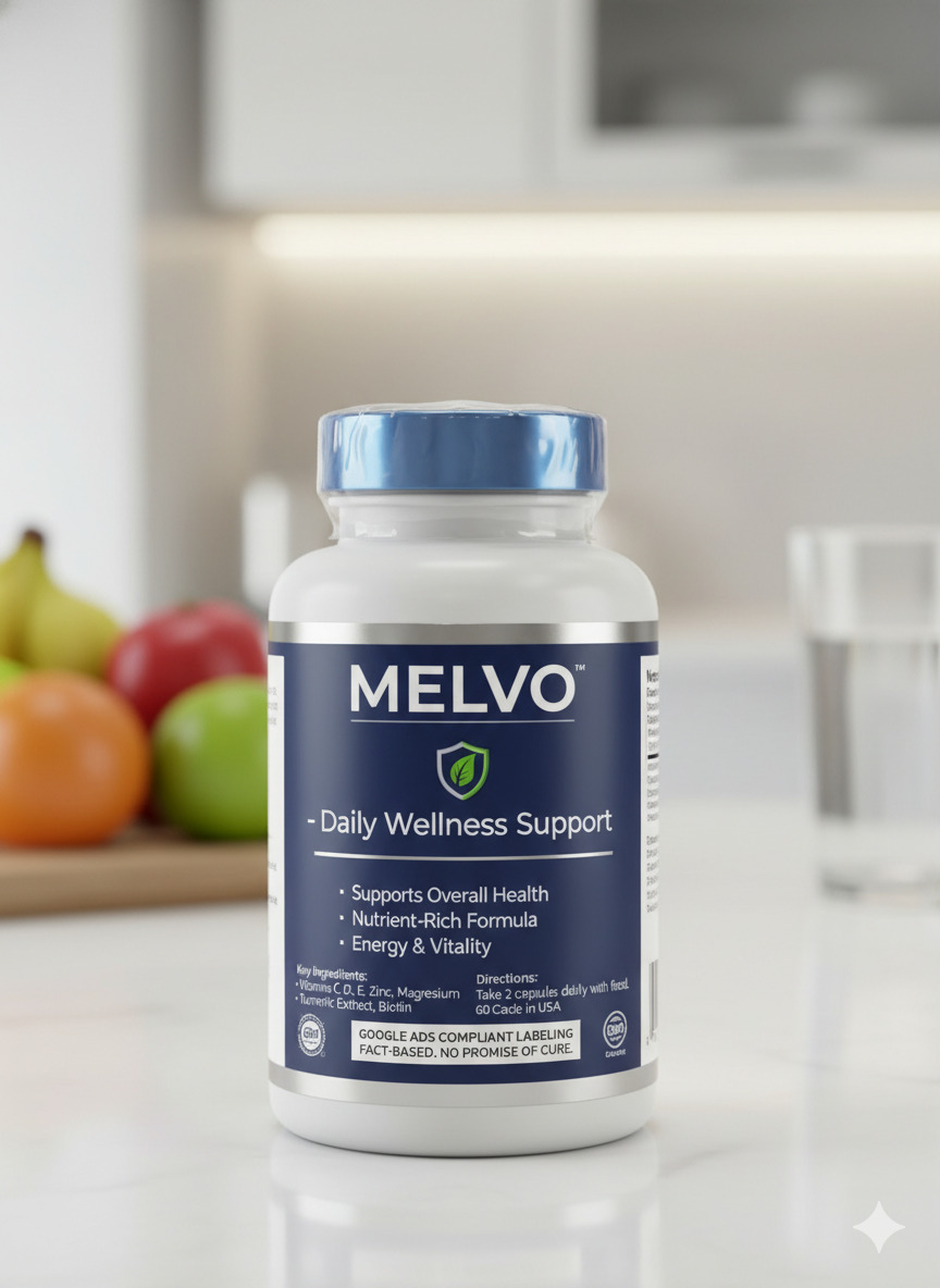 Sealed Melvo bottle showing printed supplement facts panel